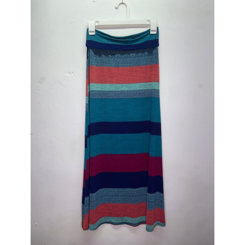 Azules Multi Color Striped Chevron Maxi Skirt Fold Over Waist Boho Festival S